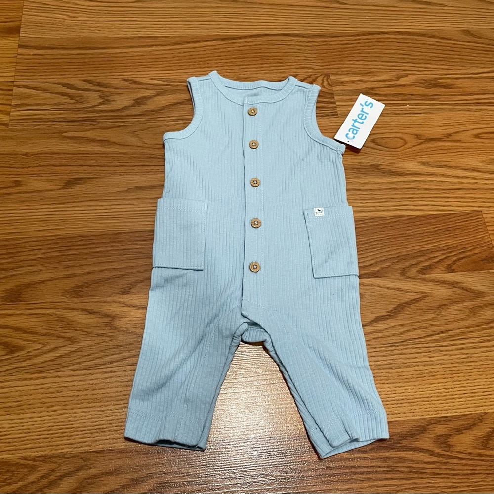 Carters Baby Outfit Boy Sz Newborn  Romper Ribbed One Piece Sleeveless  Blue NWT